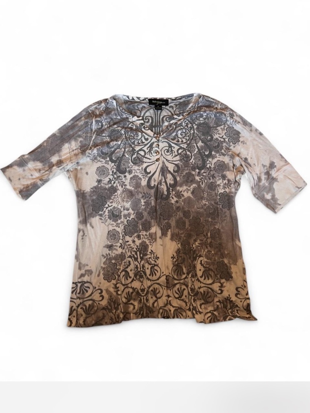 Style & Co Gray Floral-Print Button V Neck Short Sleeve Top